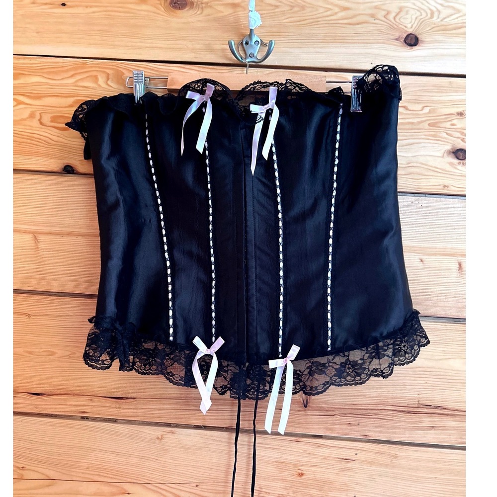 Vintage Corset Top Womens 4XL Black Lace Ribbon Bows Plus Size Boudoir Goth Fest